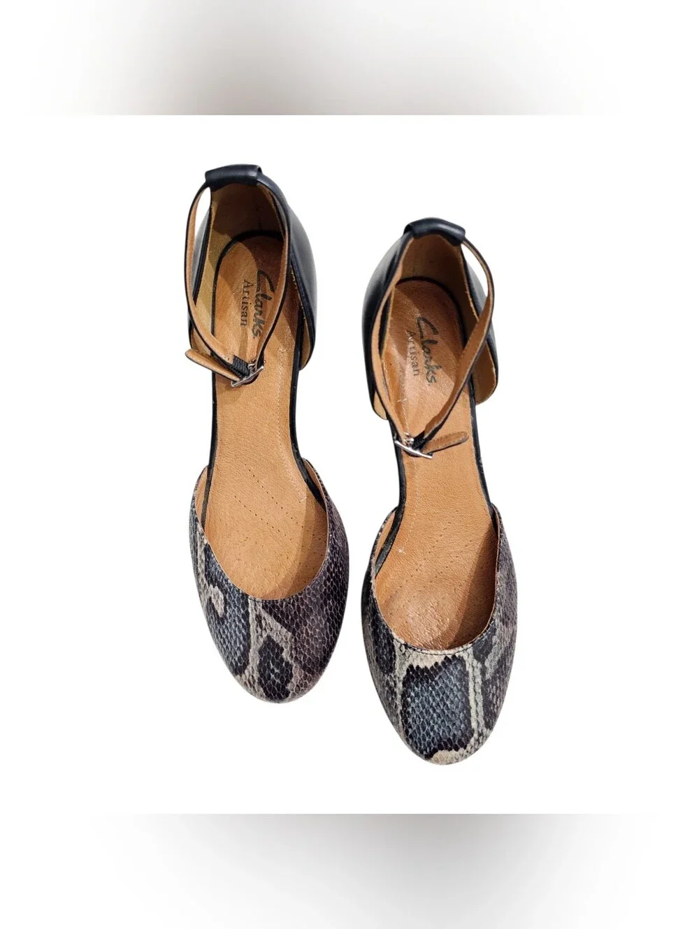 Clarks Artisan Women 7.5M Gray Snakeskin Print Leather Cork Wedge Ankle Heels
